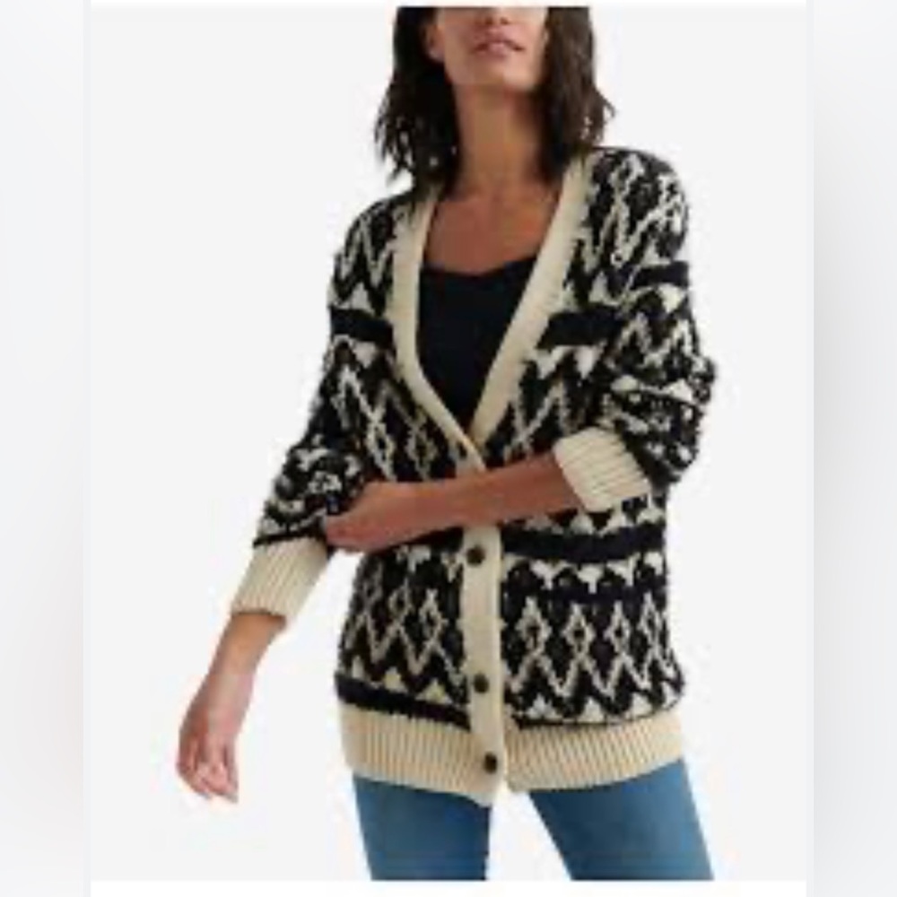 Lucky Brand Diamond Fair Isle Cardigan Size XL/TG Natural Multi Black Sweater